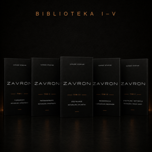 Realistyczny mockup całej Biblioteki ZAVRON — Tomy I–V