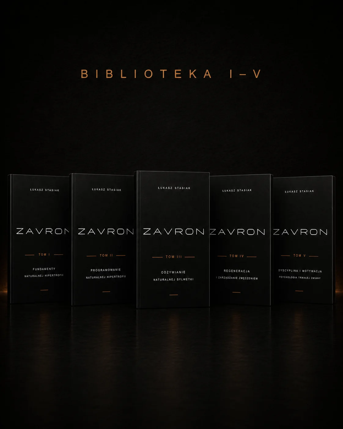 Realistyczny mockup całej Biblioteki ZAVRON — Tomy I–V