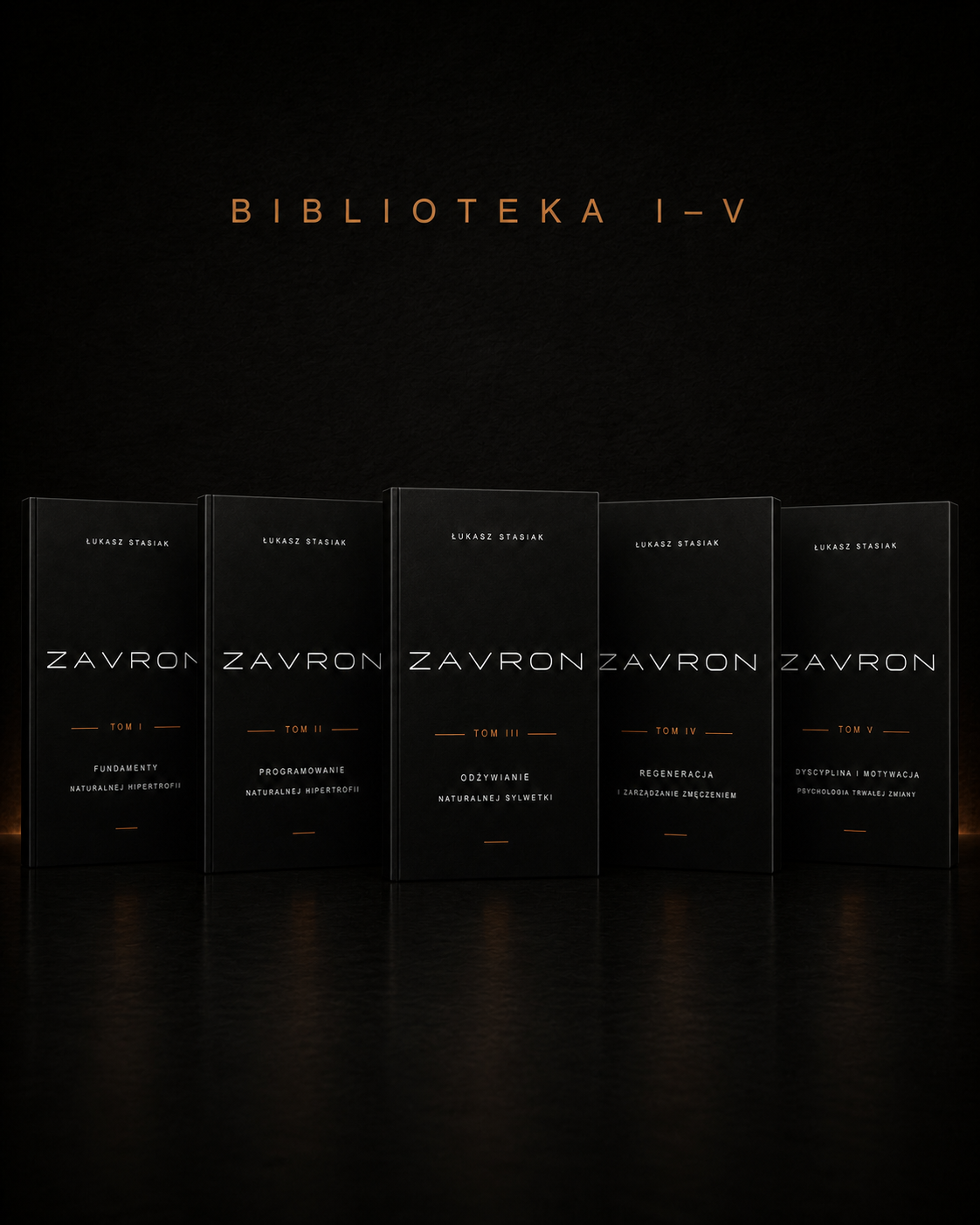 Realistyczny mockup całej Biblioteki ZAVRON — Tomy I–V